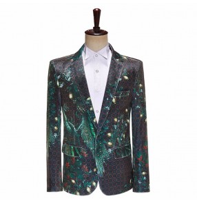 Men's youth singers jazz dance blazers photo studio shooting dress coats music production Stage presenter performs velvet green peacock jacket